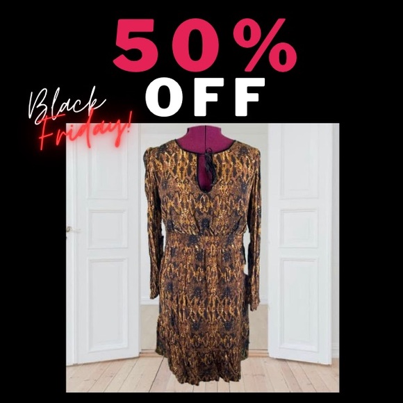 Context Lord & Taylor Brown Multicolor Dress Midi Long Bell Sleeve Women's Large - Picture 9 of 9